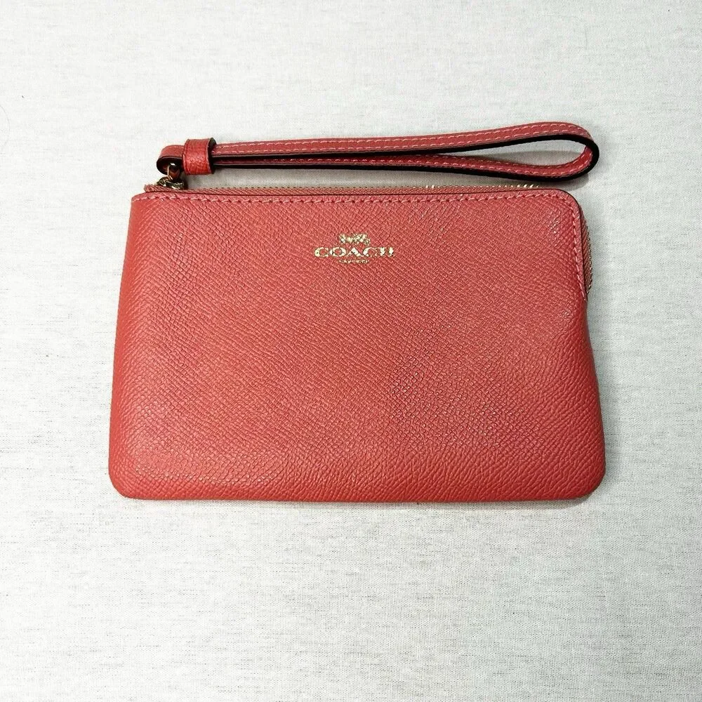 Coach F58032 Corner Zip Wristlet Women Pebble Leather Orange Coral Sunset Wallet